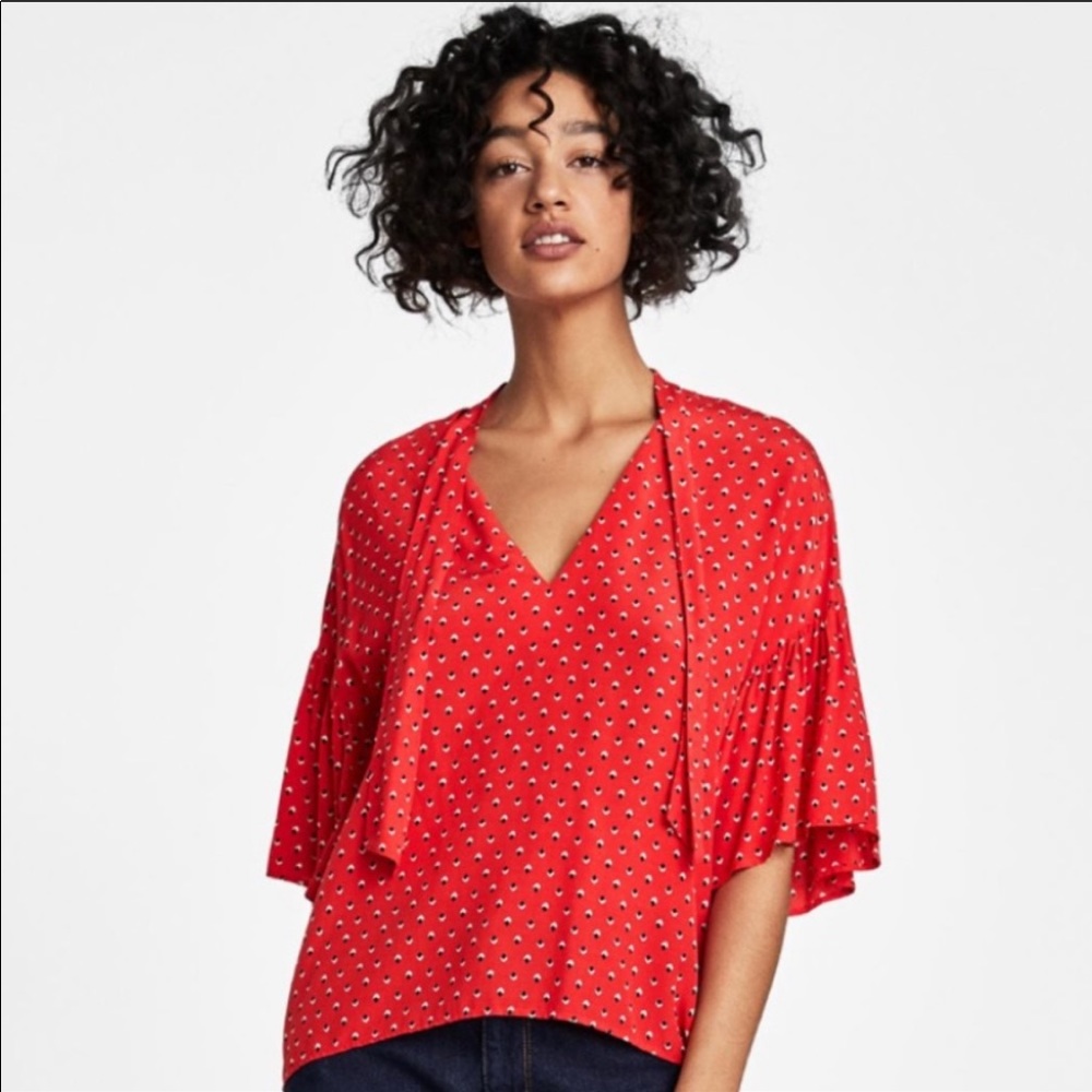 Zara Red Flutter Sleeve Blouse with Tie Front
